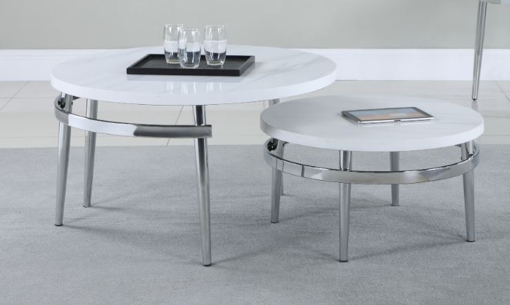 Coaster Home Furnishings Round White and Chrome Nesting Coffee Table 